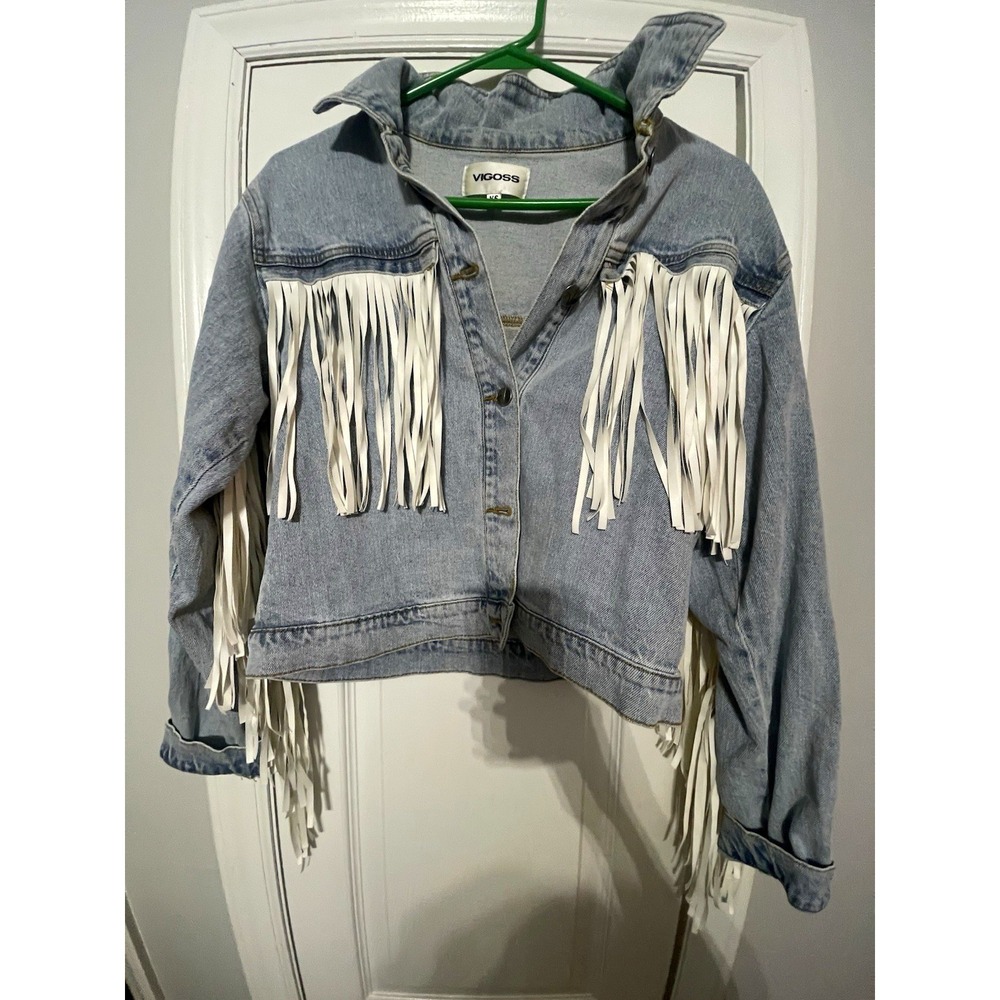 VIGOSS Womens Jean Jacket XS Blue White Fringe Western Button Front Short Denim